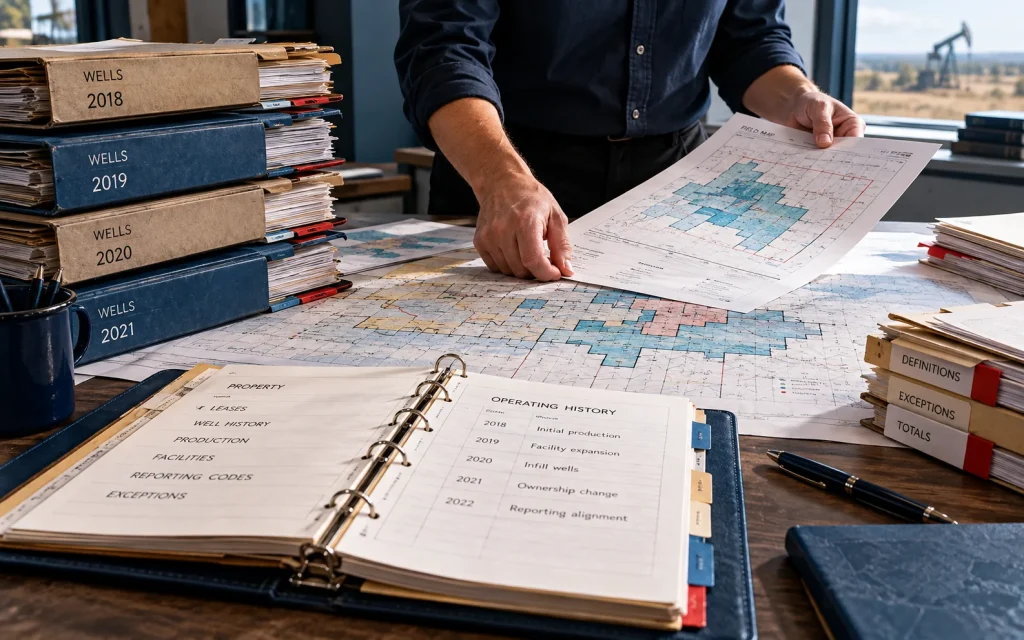Historical well records and a property map arranged for source reconciliation. Account mapping: how consistent labels can still produce inconsistent reporting.