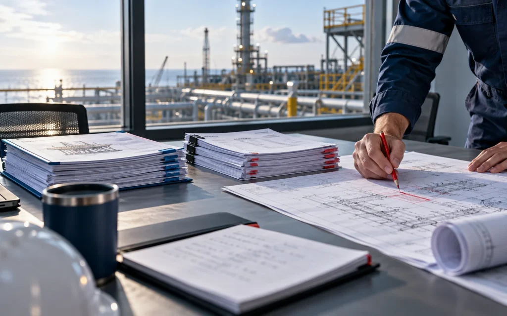 Engineering drawings and service invoices beside a planned work scope. Budget versus actual: turn an AFE variance into a useful question.