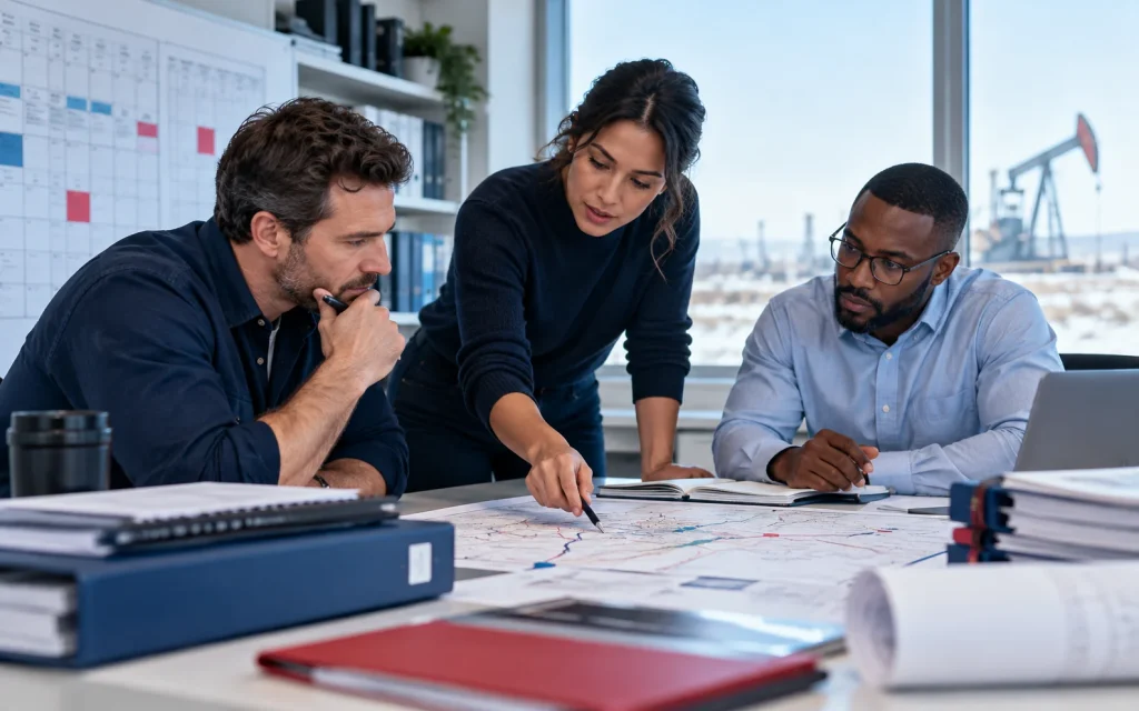 Finance and operations professionals reviewing an oil and gas asset map. Blank, zero and missing: three different reporting states.