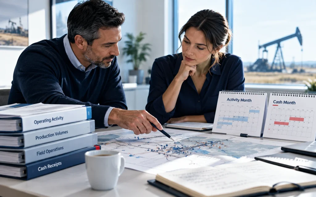 Finance and operations professionals reviewing an oil and gas asset map. Cash month and activity month: two dates that change the story.
