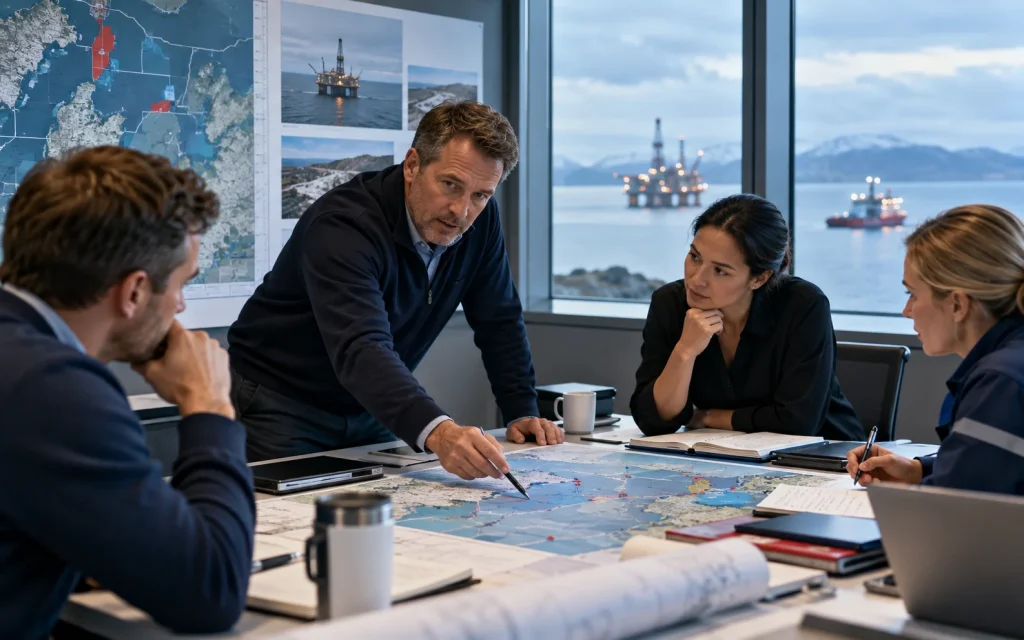 Oil and gas leadership team discussing an asset map and operating brief. Build a CEO operating review around three decisions.