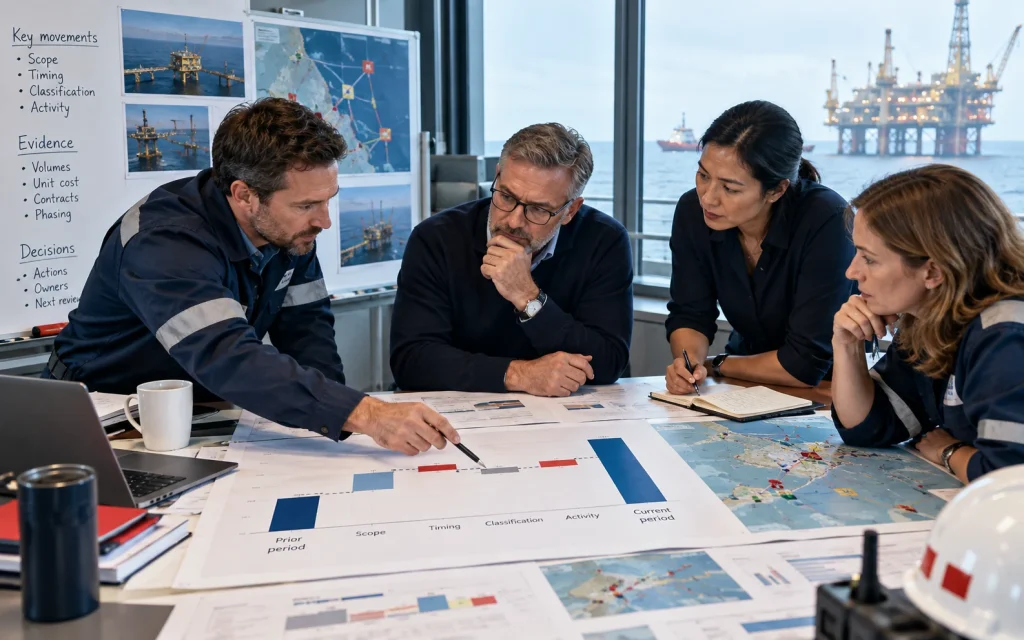 Oil and gas leadership team discussing an asset map and operating brief. Give the CFO a variance bridge, not another unexplained total.