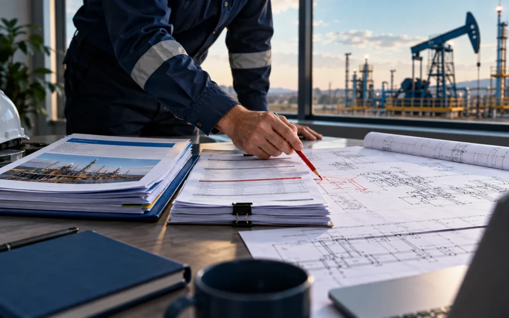Engineering drawings and service invoices beside a planned work scope. Why cost per BOE can rise when spending stays flat.