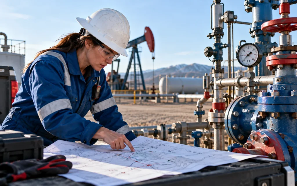 Field engineer reviewing production equipment and a well map. Engineers and finance need the same well—not the same screen.