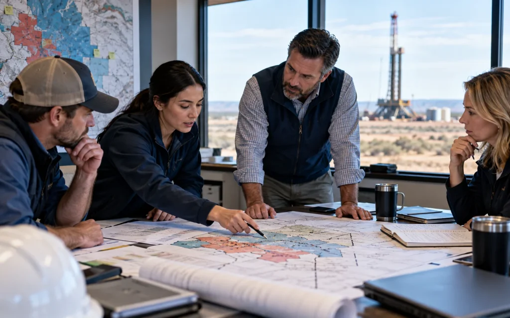 Oil and gas leadership team discussing an asset map and operating brief. Gross and net reporting: agree on ownership before comparing wells.