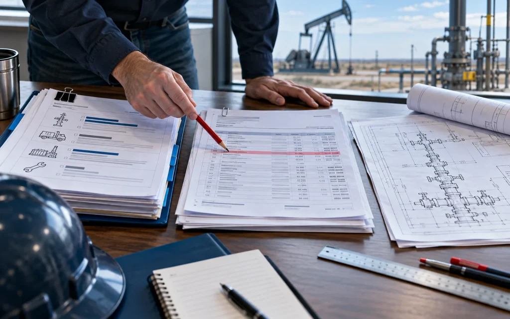 Engineering drawings and service invoices beside a planned work scope. LOE is rising. Is the cost changing—or the comparison.