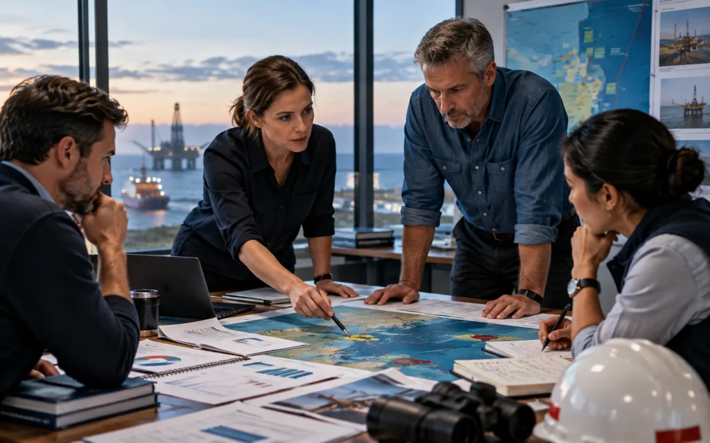 Oil and gas leadership team discussing an asset map and operating brief. Five questions owners should ask before accepting a portfolio summary.