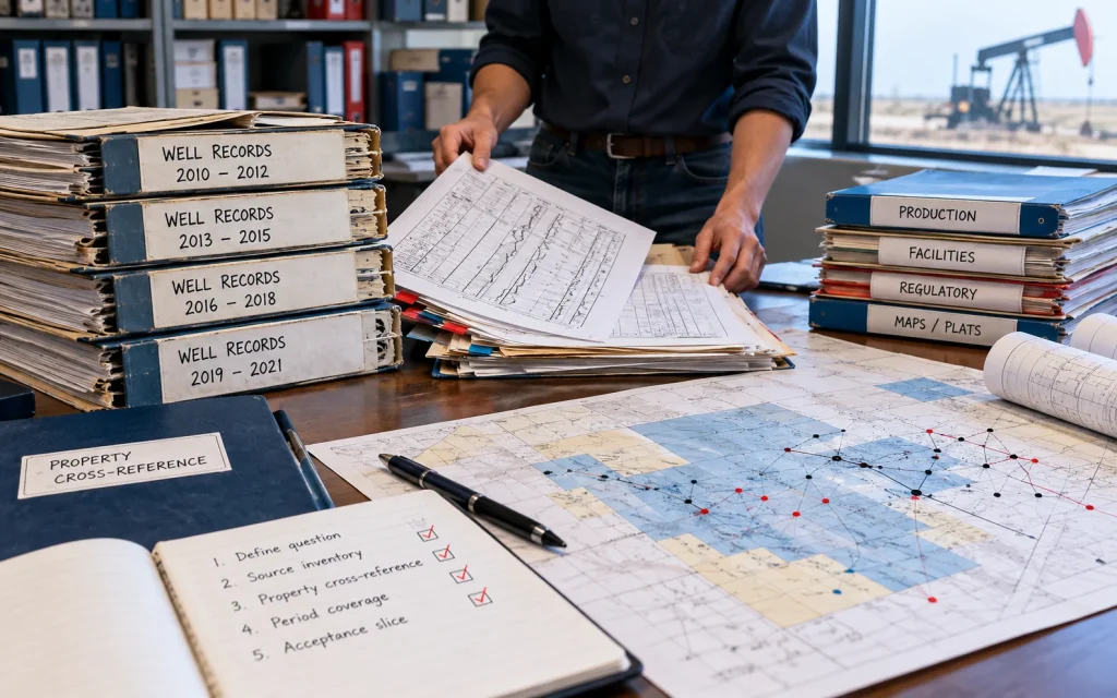 Historical well records and a property map arranged for source reconciliation. What to prepare before your first oil and gas reporting import.