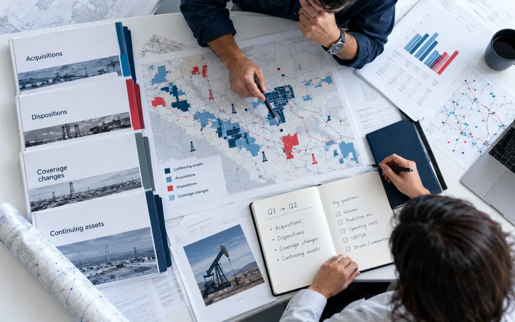Finance and operations professionals reviewing an oil and gas asset map. Your quarter-over-quarter comparison needs a population bridge.