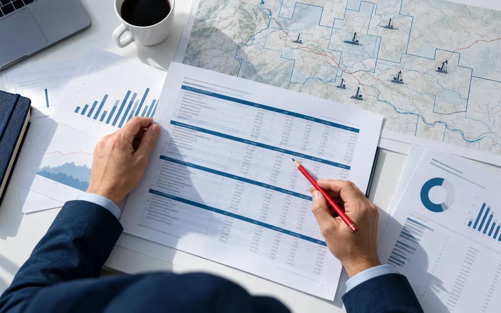 Controller tracing a lease operating statement against a property map and separate operating documents.