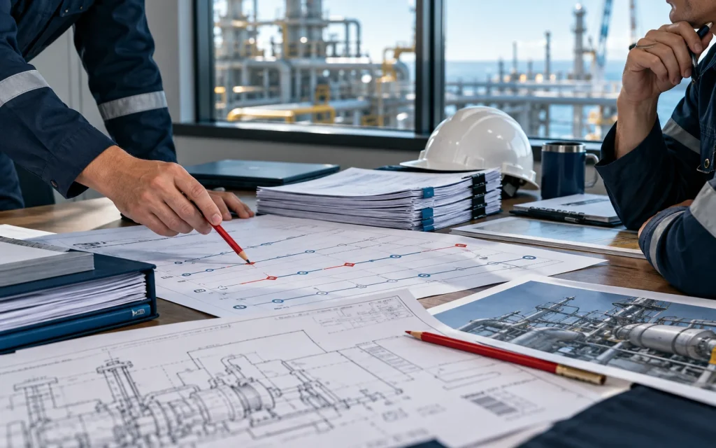 Engineering drawings and service invoices beside a planned work scope. One-time repair or recurring cost drift? Build the expense timeline.