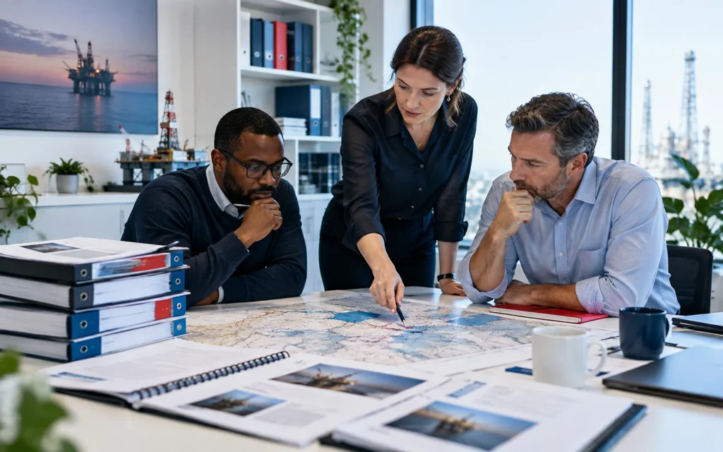 Finance and operations professionals reviewing an oil and gas asset map. Saved views are reporting definitions—not just convenience buttons.