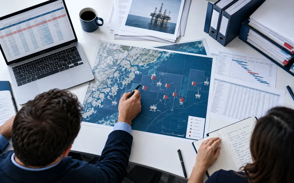 Finance and operations professionals reviewing an oil and gas asset map. When a spreadsheet stops being a useful reporting process.