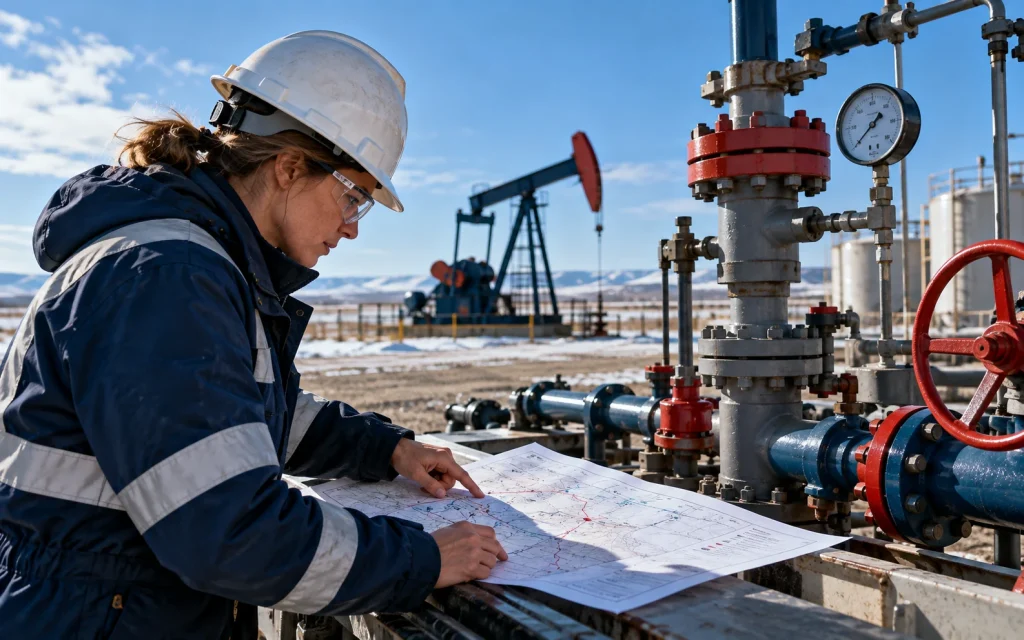 Field engineer reviewing production equipment and a well map. A well ranking is a starting point, not a diagnosis.