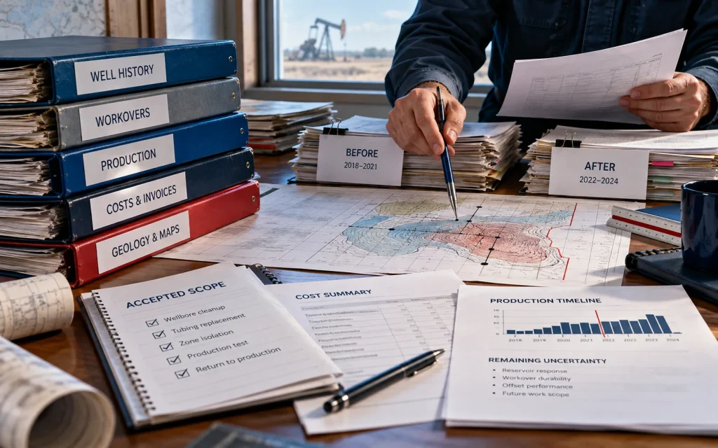 Historical well records and a property map arranged for source reconciliation. Review a workover with a before-and-after record—not a victory lap.